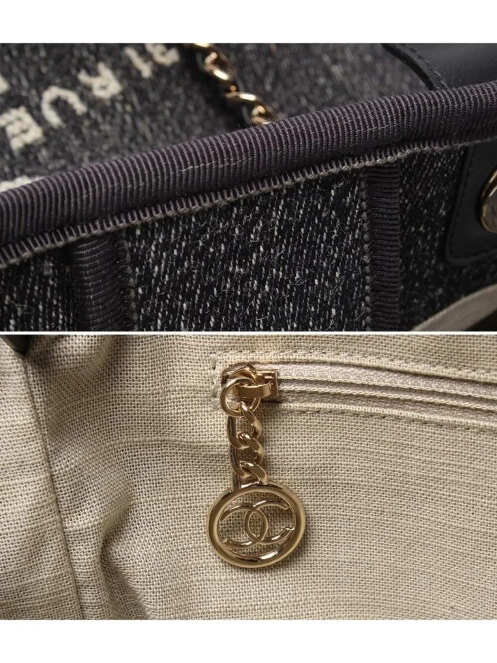 Chanel Chain Shoulder Bag Handle Denim Gold Deauville MM